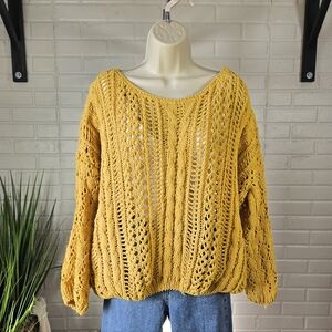 Miracle Yellow Open Knit Wide Neck Chenille Knit Sweater Ovesized Small Medium